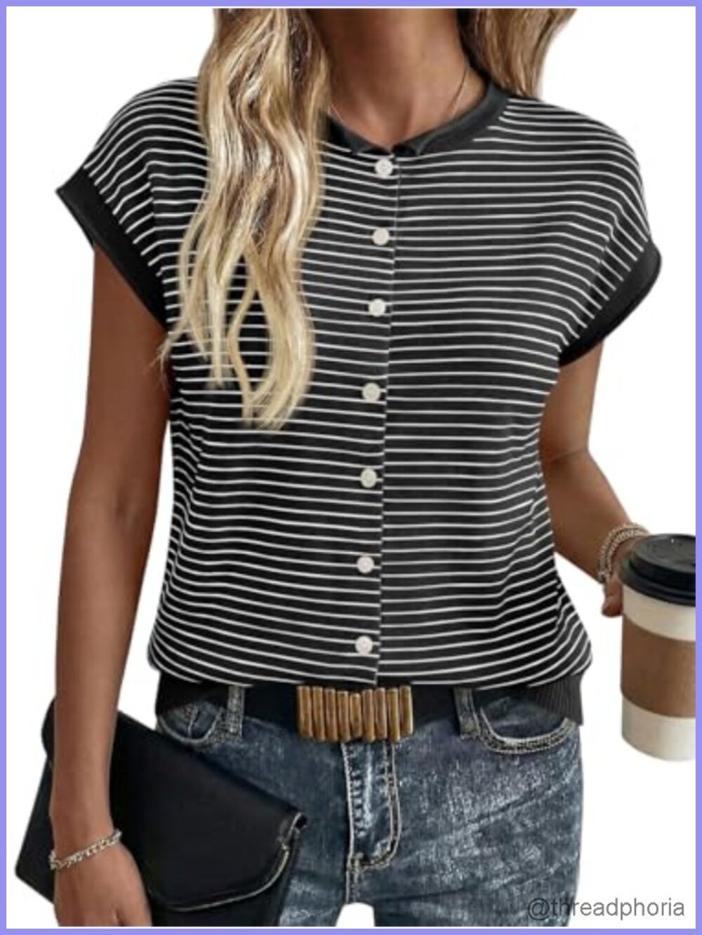 Striped Cap Sleeve Sweater Vest Button Crew Neck Knit Cardigan